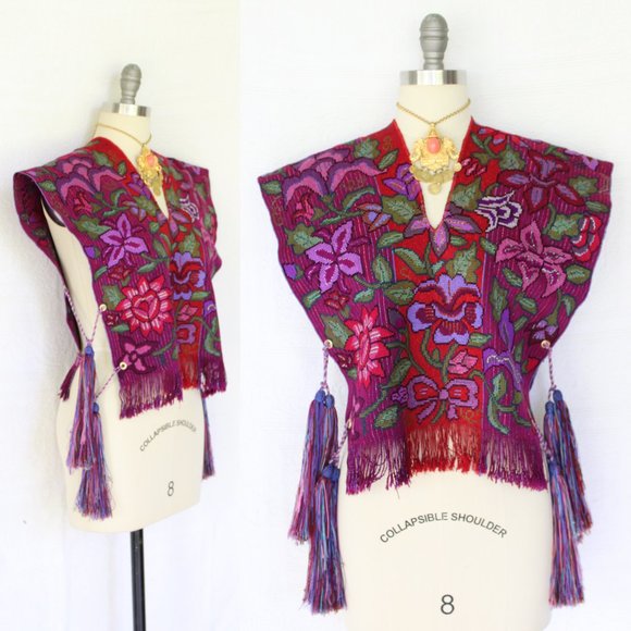 Vintage Jackets & Blazers - SOLD Vintage Needlepont tassel fringe woven ethnic floal aztec vest poncho